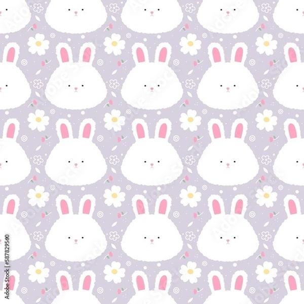 Fototapeta White fluffy bunny and flowers pattern on the purple background