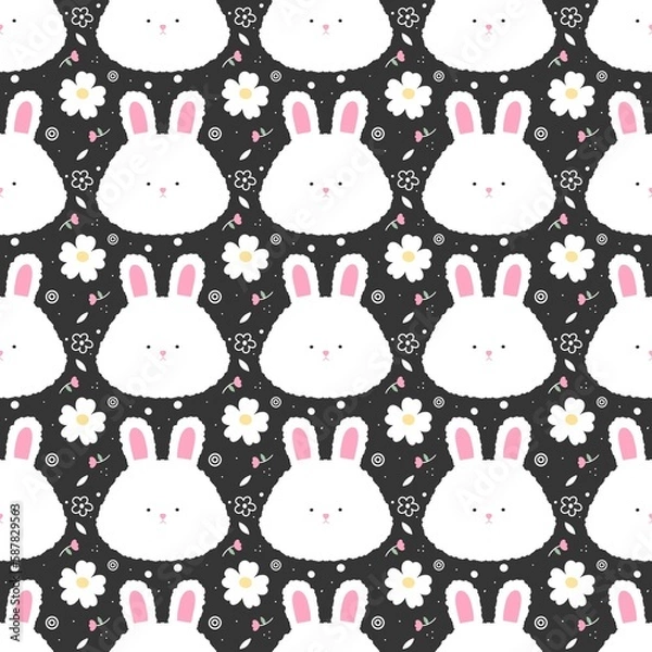 Fototapeta White fluffy bunny and flowers pattern on the black background