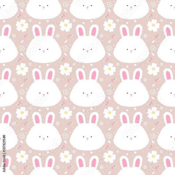 Fototapeta White fluffy bunny and flowers pattern on the brown background