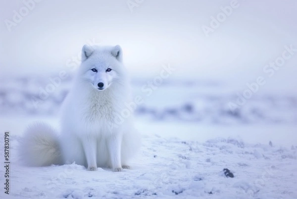 Fototapeta region fox in the snow, photo of arctic fox sitting on snow with space for text