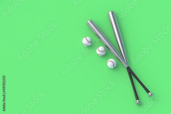 Obraz Baseball bats and balls on green background. Sports equipment. Professional league. Game for leisure. Top view. Copy space. 3d render