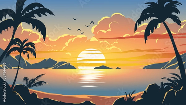 Fototapeta Vector ocean sunset scenery. Colorful tropical beach landscape