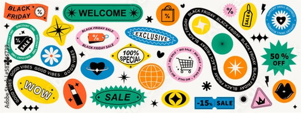 Obraz Set Black Friday shapes sticker pack. Vector illustration with circles, ovals, rectangles, stars, typography, and groovy wavy geometric elements in trendy retro 90s style.  Brutalism aesthetic.