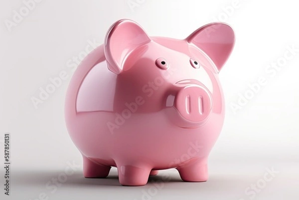 Fototapeta cute pink piggy bank on a table with coins and dollar bills around it. Generative AI