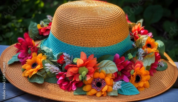 Fototapeta Summer woman fedora a multi color floral decoration generated by AI