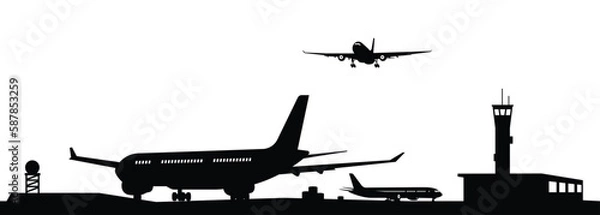 Fototapeta Airport with plane and facilities silhouette vector, transportation concept illustration for background.