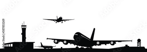Fototapeta Airport with plane and facilities silhouette vector, transportation concept illustration for background.