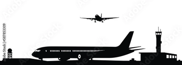Obraz Airport with plane and facilities silhouette vector, transportation concept illustration for background.
