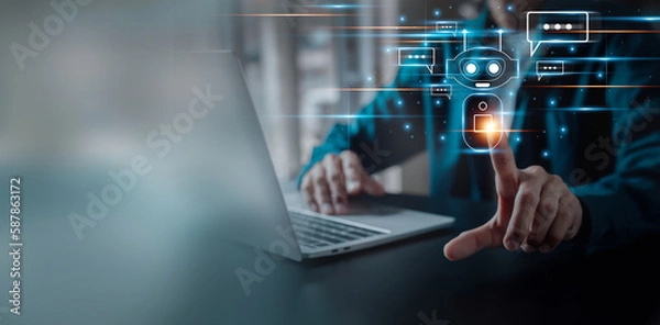 Fototapeta Chatbot chat AI concept, artificial intelligence Businessman touching digital chatbot for provide access to information and data in online network, robot application and global connection.