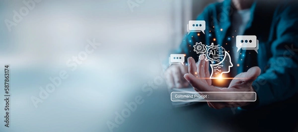 Fototapeta Chatbot chat AI concept, artificial intelligence Businessman touching digital chatbot for provide access to information and data in online network, robot application and global connection.