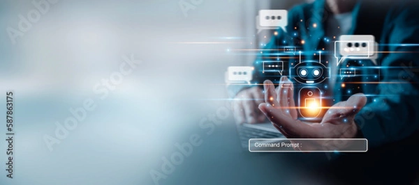 Fototapeta Chatbot chat AI concept, artificial intelligence Businessman touching digital chatbot for provide access to information and data in online network, robot application and global connection.