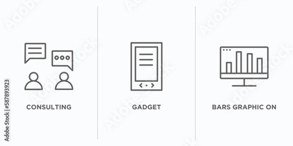 Fototapeta business and analytics outline icons set. thin line icons such as consulting, gadget, bars graphic on screen vector. linear icon sheet can be used web and mobile