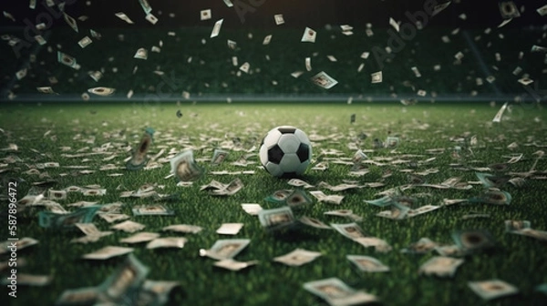 Obraz Banknotes falling on the soccer field Generated AI