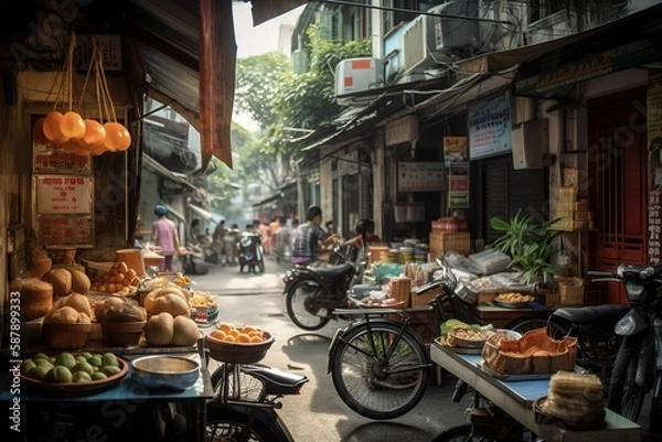 Fototapeta Street View of Hanoi with Bustling Crowd and Colorful Buildings