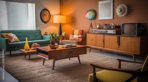 Fototapeta the room has a retro vibe, with a mix of vintage and modern furniture and decor that creates a timeless and sophisticated look.