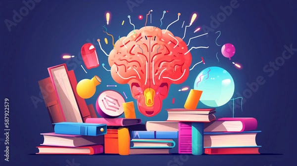 Fototapeta Brain illustration with books, knowledge, learning 
