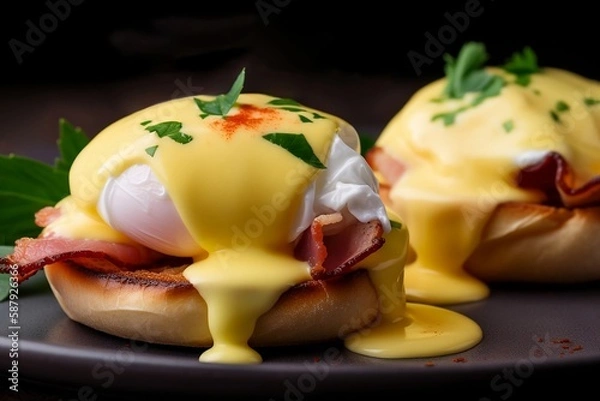 Fototapeta Close-up of eggs Benedict on a dark plate. Poached eggs on a bun and crispy bacon with a creamy hollandaise sauce. Food background. The image is AI generated.