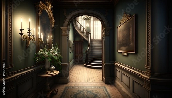 Fototapeta Victorian interior style hallway with wooden furnitures, and staircase with handrail. Generative AI