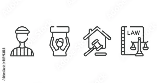 Obraz law and justice outline icons set. thin line icons sheet included prisioner, civil rights, property and finance, labour and social law vector.