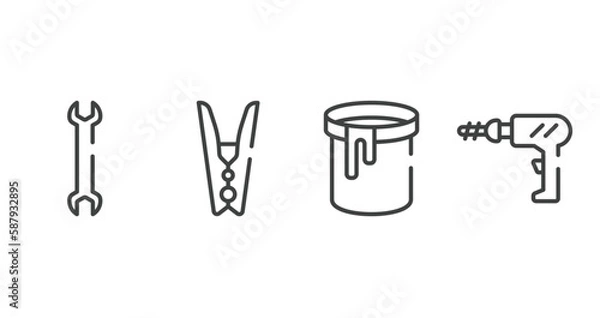 Fototapeta carpentry diy tools outline icons set. thin line icons sheet included big double wrench, clothespin, paint can open, perforator vector.