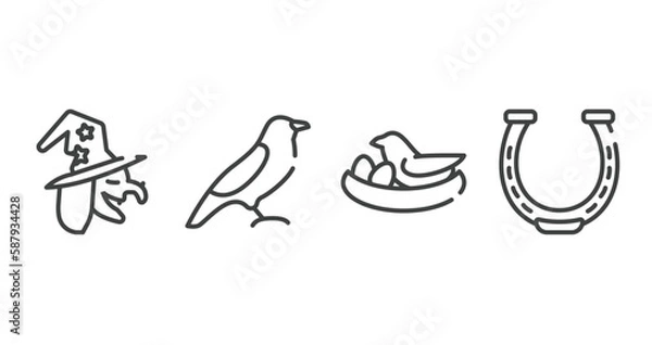 Fototapeta horses outline icons set. thin line icons sheet included witch, bird of black feathers, bird and egg, horseshoe vector.