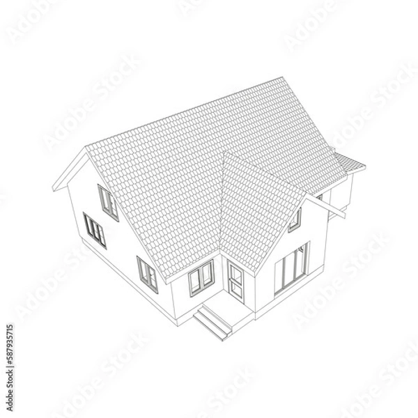 Obraz 3D suburban house model. Drawing of the modern building. Cottage project on white background. Vector blueprint.