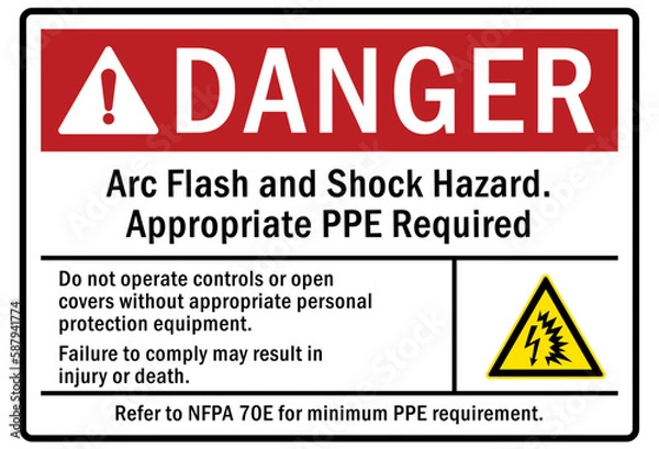 Obraz Arc flash and shock hazard sign and labels appropriate PPE required
