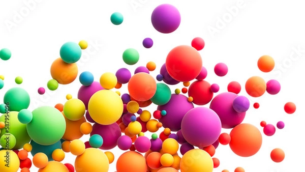 Obraz Abstract composition with colorful random flying spheres isolated on transparent background. Colorful rainbow matte soft balls in different sizes. PNG file