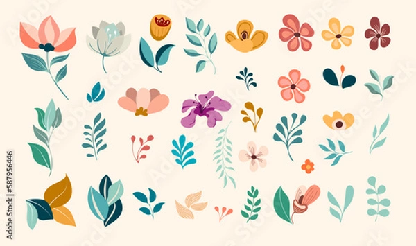 Obraz  set of hand-drawn flowers and leaves, isolated design element. Decorative elements for postcards, patterns, greeting card, creative, background. Vector summer collection 