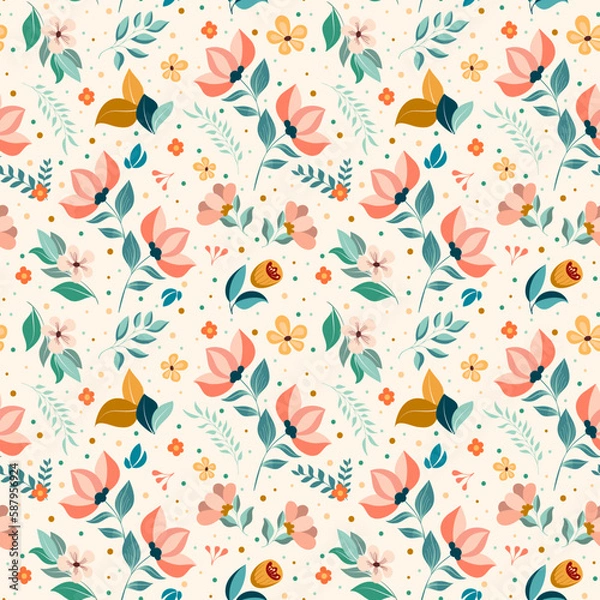 Obraz Seamless floral pattern ornament of hand-drawn abstract flowers and leaves. Vector summer spring background trend colors. Design for printing, fabric, greeting card, textiles, paper, wallpaper.