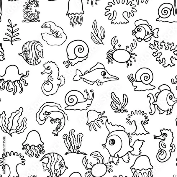 Obraz seamless abstract pattern background fabric design print wrapping paper digital illustration texture wallpaper textile with fish ocean sea animals black and white coloring art