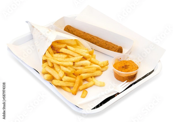 Fototapeta Frikandel with sauce and french fries. Transparent background.