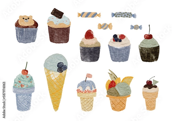 Fototapeta Watercolor illustration. Ice cream and cupcakes. Calm colors. on isolated background. Can be used for stationery design, clothing print, phone case design, phone screen wallpaper
