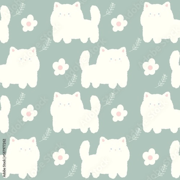 Fototapeta White fluffy kitty cat and flowers pattern on the pastel background