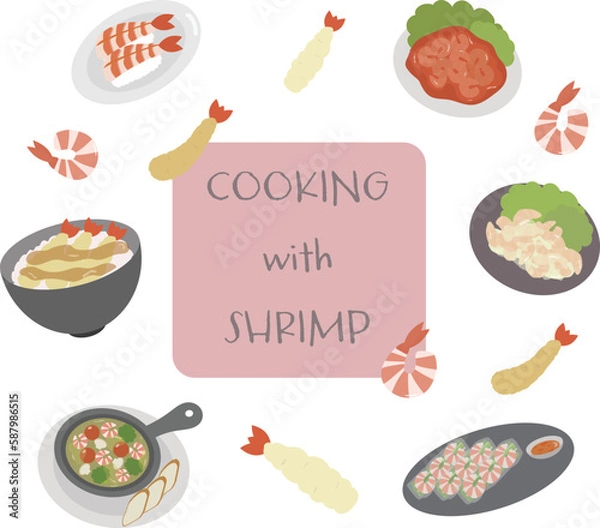 Fototapeta エビを使った料理のイラストセット