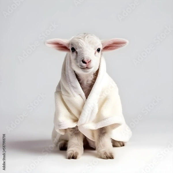 Obraz "Lamb in Luxury: Baby Sheep in a Fluffy Bathrobe" | Nursery Room | Generative AI Artwork