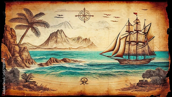 Obraz An old pirate map depicting a sailing ship in the sea near the coast of a tropical rocky island. Generative AI