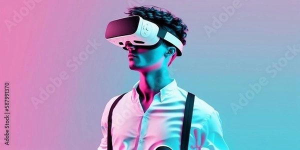 Fototapeta Web banner of young  man wearing virtual reality headset. VR concept