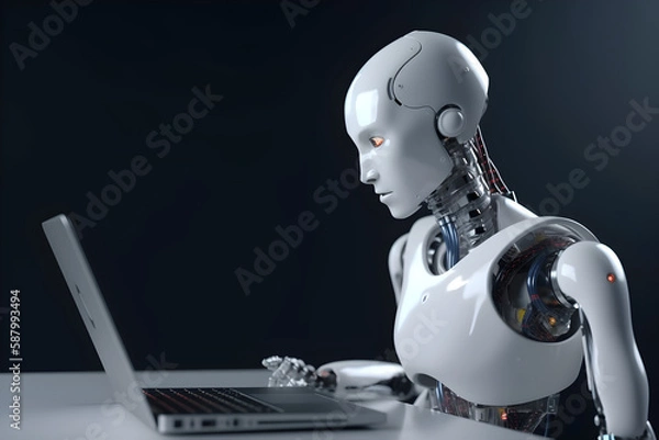 Fototapeta Artificial intelligence robot with laptop, Generative AI