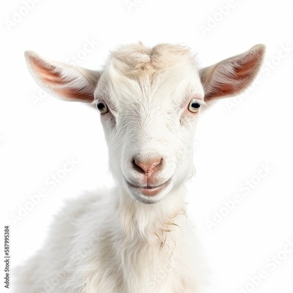 Fototapeta Close up portrait of an expressive baby goat with innocent eyes against a white background.  Generative AI