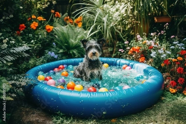 Fototapeta Small Terrier Dog Enjoying Kiddie Pool on a Hot Summer Day
