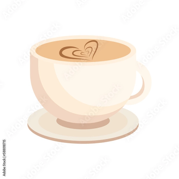 Fototapeta White cup of coffee with an image of heart. Cartoon style
