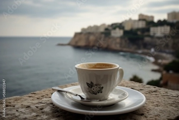 Fototapeta cup of coffee, elegant dishes, view from the balcony on the sea Generative AI