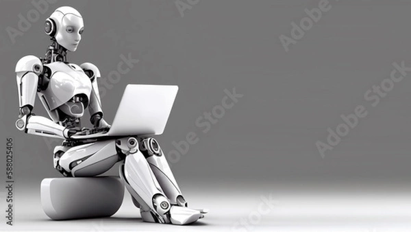 Obraz A sitting humanoid female robot with a laptop on her lap, on a gray background with free space for any inscription or text. Generative AI