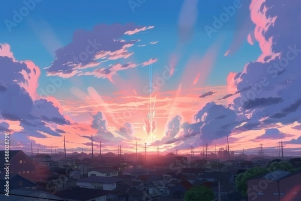 Obraz 街のはずれの丘の上から見た、黄昏時の入道雲のある空と夕日