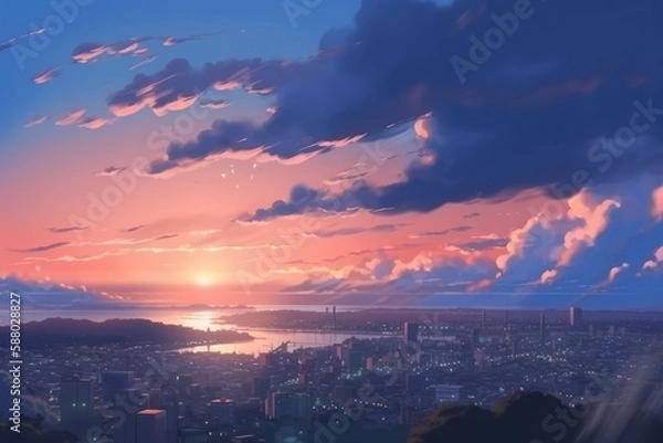 Fototapeta 街のはずれの丘の上から見た、黄昏時の入道雲のある空と夕日