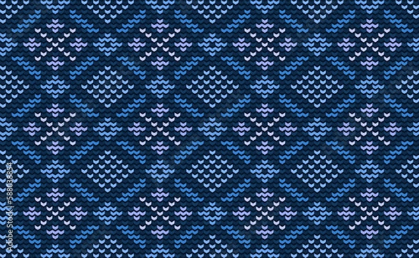 Fototapeta Knitted ethnic pattern, Vector cross stitch geometric background, Embroidery abstract beautiful style, Blue pattern template motif, Design for textile, fabric, batik, tile, aprons