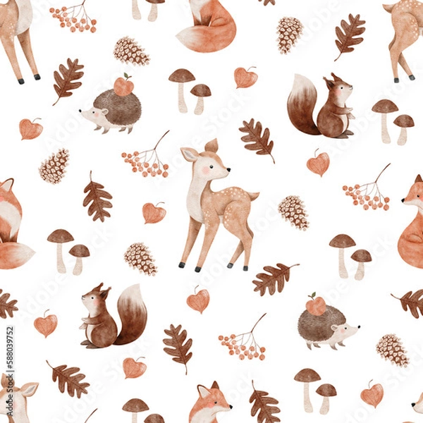 Fototapeta Autumn seamless pattern with deer, fox, hedgehog, squirrel, mashrooms, cones, rowan branch, physalis and leaves.