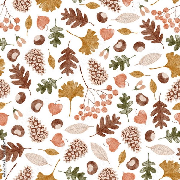 Fototapeta Autumn seamless pattern with cones, leaves, rowan branch, physalis and chestnuts.