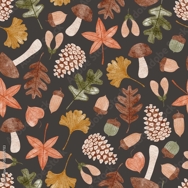 Fototapeta Autumn seamless pattern with leaves, mushroom, cones, acorns and physalis.